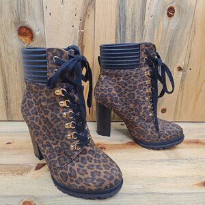 JustFab • "Shandee" Lace-Up Heeled Booties (leopardino)